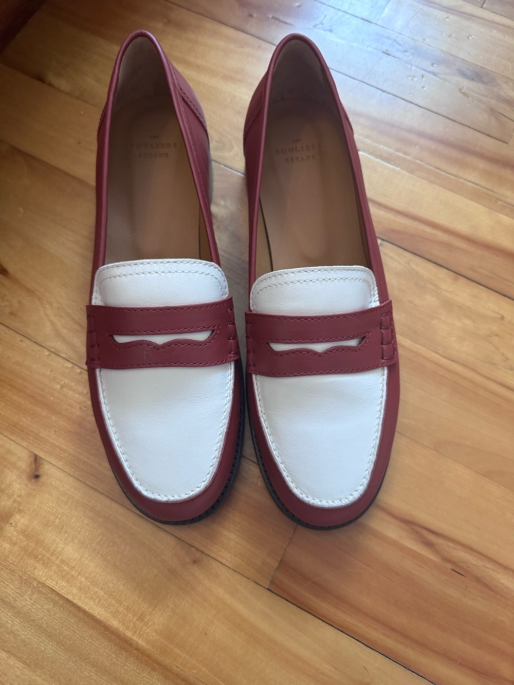 Sézane Two-Tone White and Red Leather Penny Loafers
